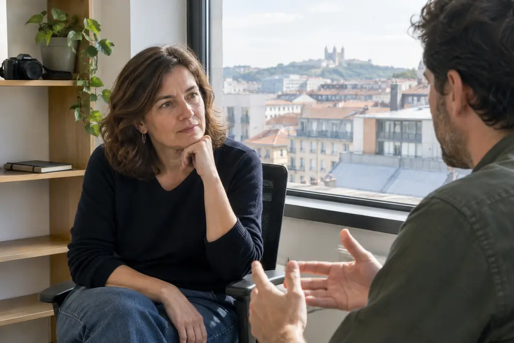 Deux journalistes échangent dans un bureau lumineux, près d’une fenêtre ouverte sur les toits de Lyon.
