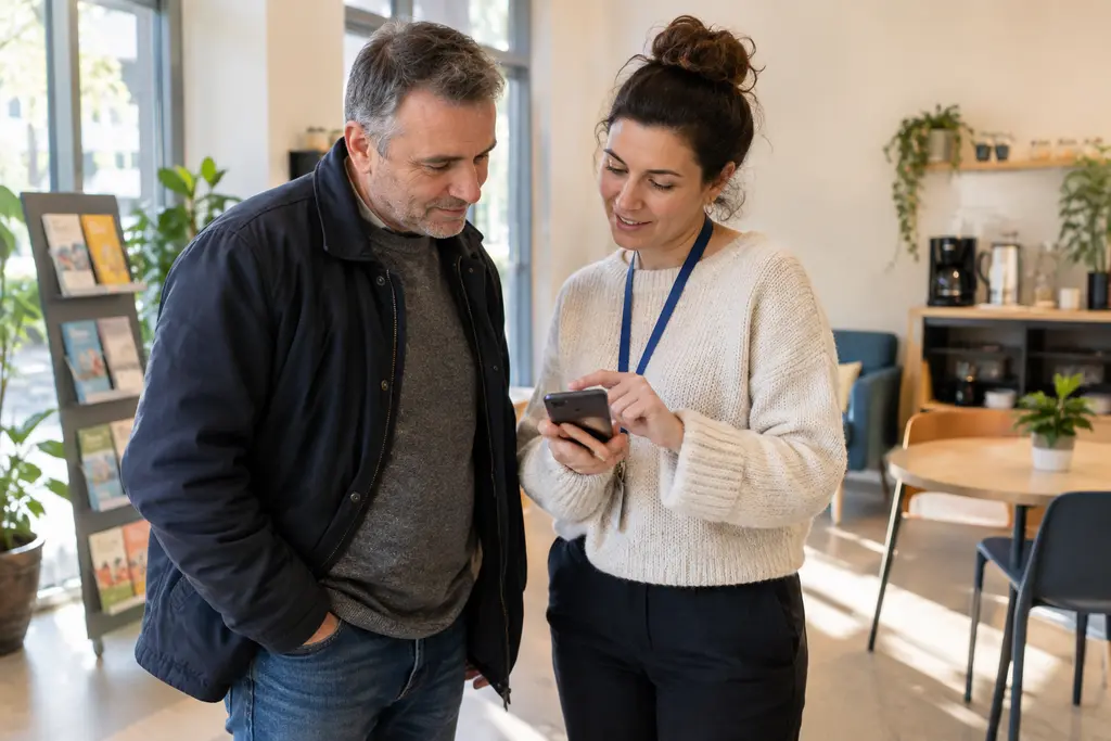 Une conseillère accompagne un homme dans un centre social accueillant, téléphone tenu entre eux.