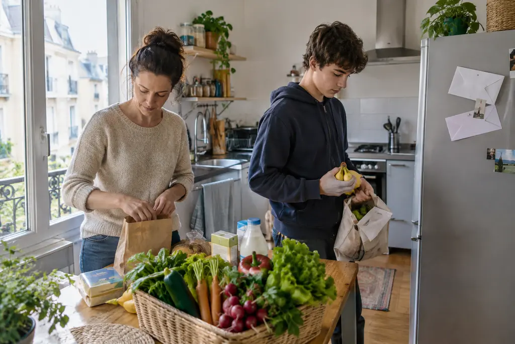 Une mère et son adolescent rangent des légumes dans une cuisine familiale modeste.
