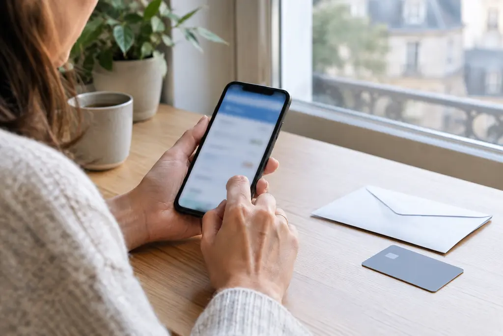 Des mains tiennent un téléphone à l’écran flou près d’une enveloppe fermée et d’une carte neutre.