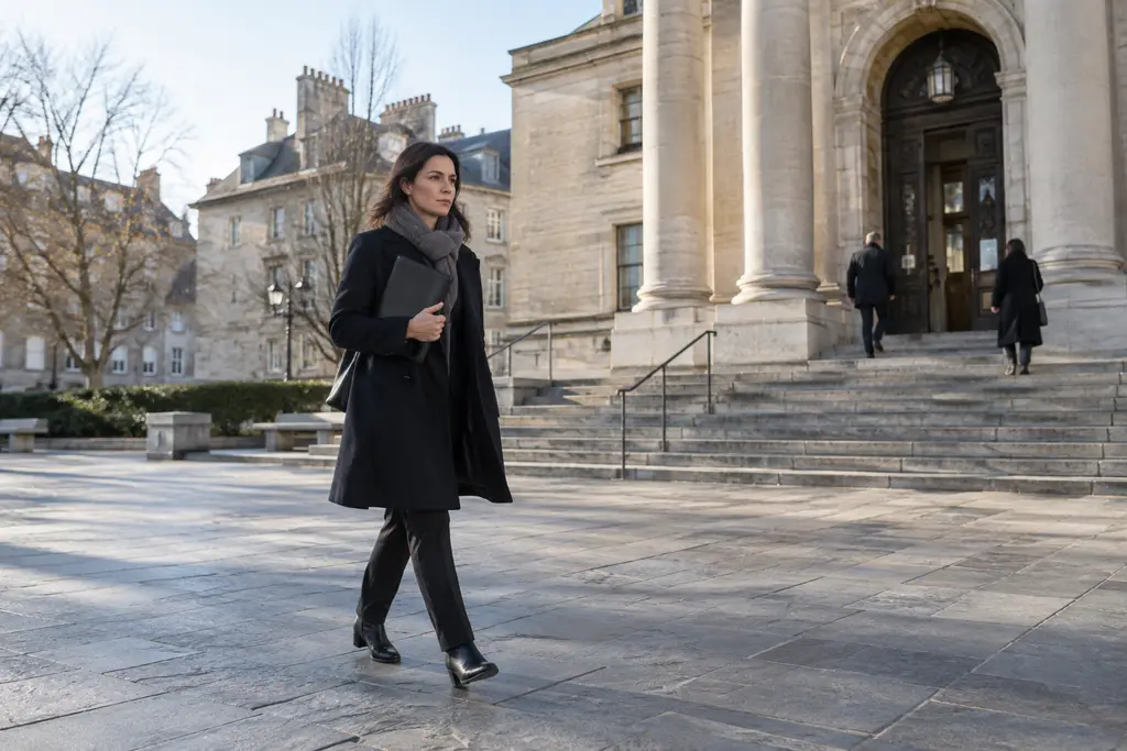 Une femme marche sur le parvis d’un tribunal, une pochette fine serrée contre son manteau.