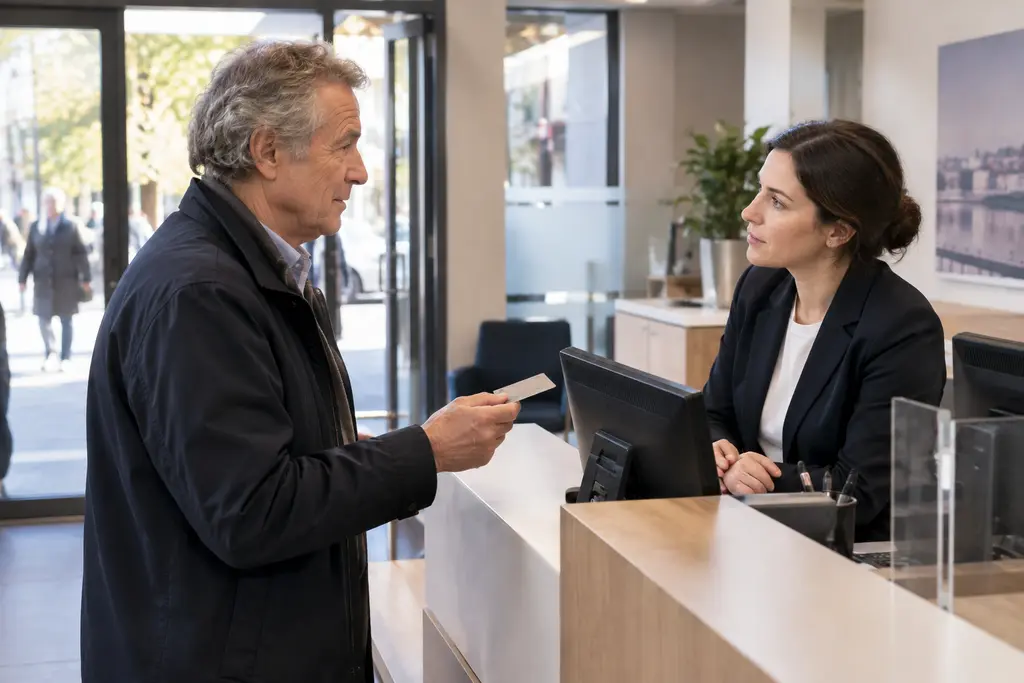 Un homme âgé parle avec une employée derrière le comptoir d’une agence sans enseigne.