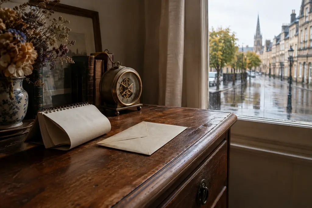 Une horloge et une enveloppe fermée reposent sur une commode près d’une fenêtre pluvieuse.