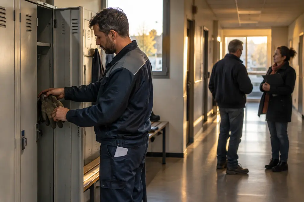 Un ouvrier range ses gants dans un vestiaire, avant un échange dans le couloir de l’atelier.