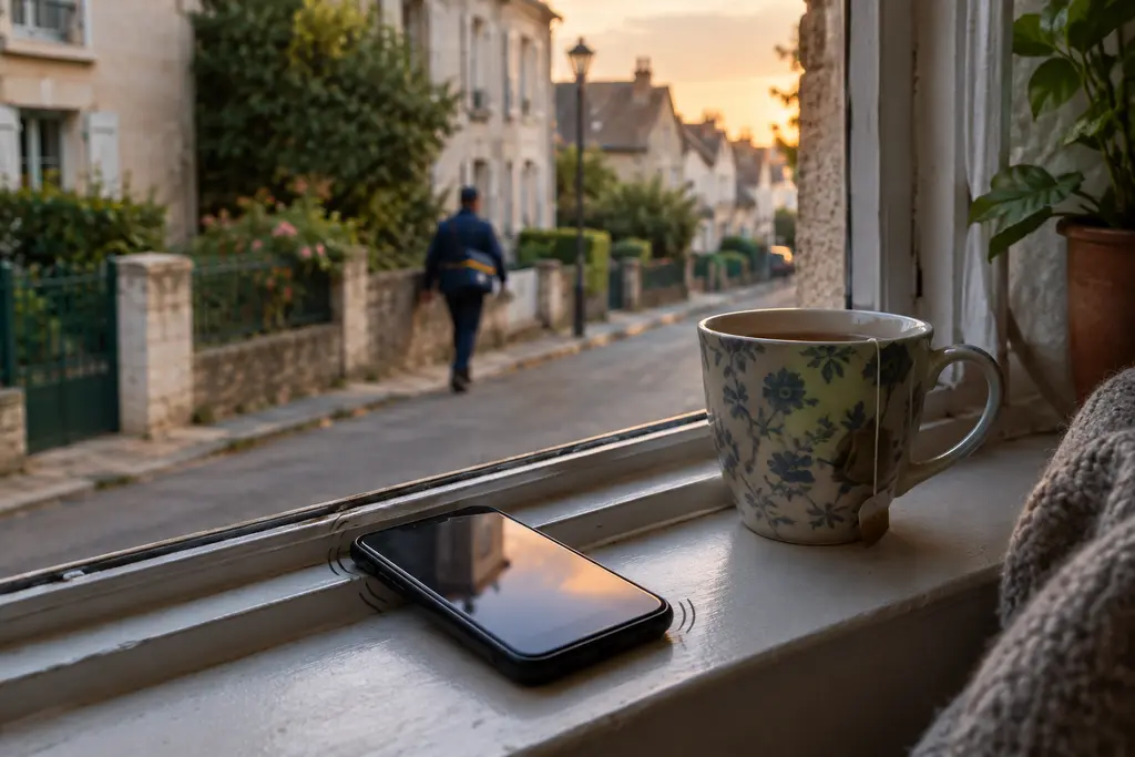 Un téléphone éteint et une tasse reposent devant une fenêtre donnant sur une rue calme.