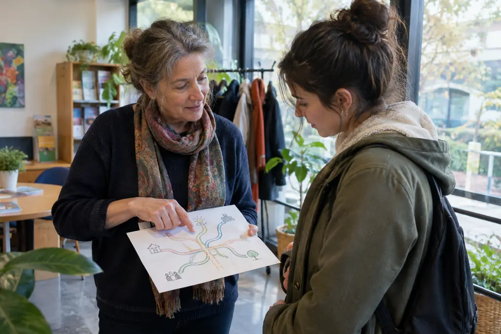 Une bénévole et une jeune femme échangent debout dans un espace associatif lumineux.