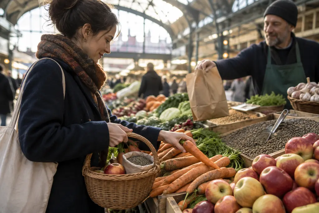 Une femme choisit des légumes et des pommes sur un étal de marché couvert.
