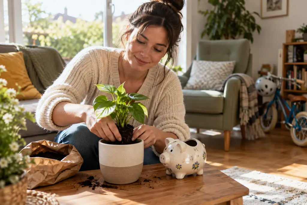 Une femme rempote une plante près d’une tirelire ouverte dans un salon ensoleillé.
