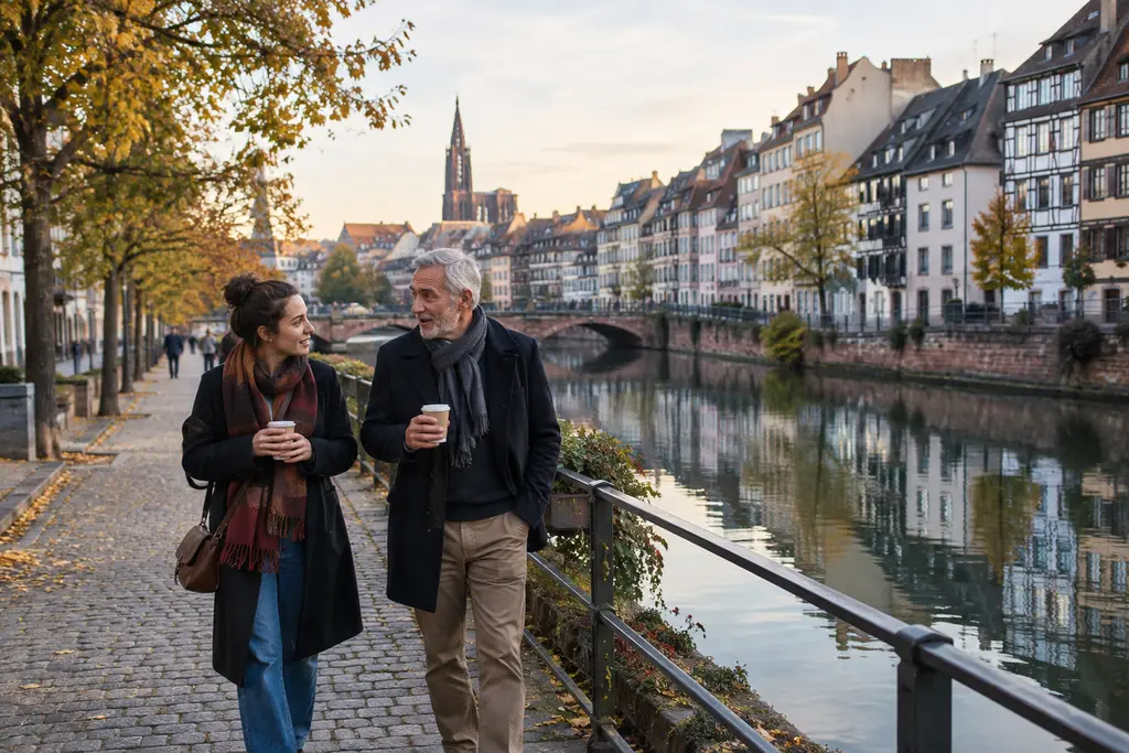 Un couple marche et discute au bord d’un canal, boissons chaudes à la main.