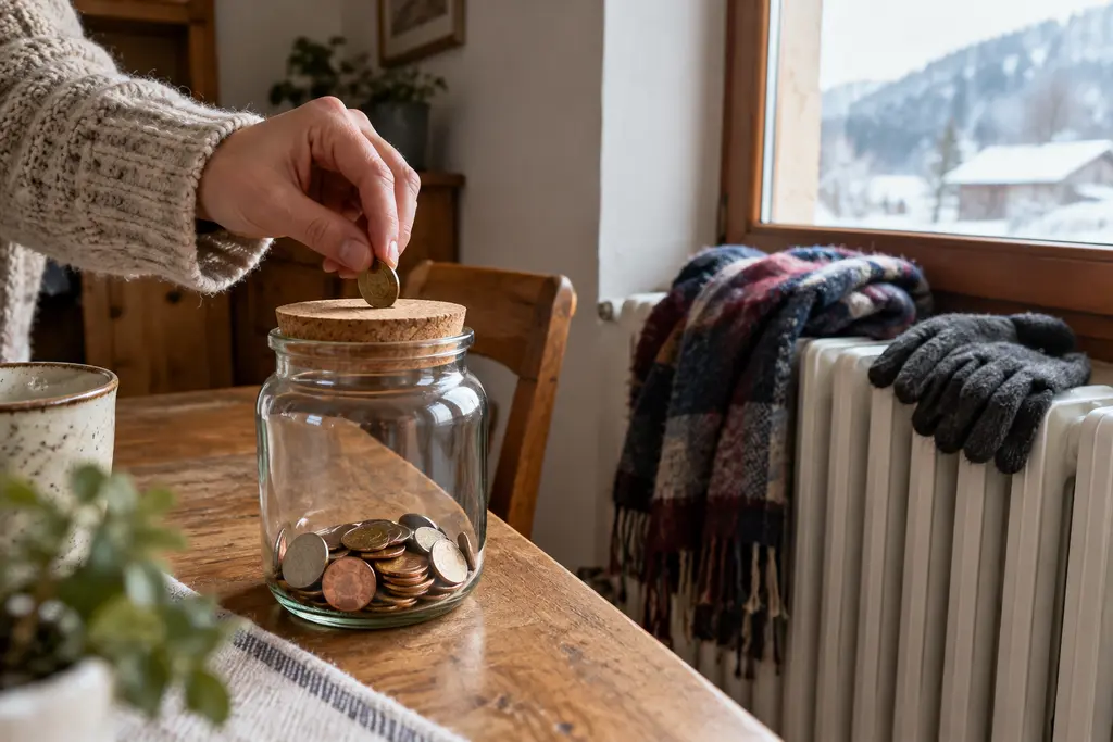 Une main dépose des pièces dans un bocal en verre près de gants qui sèchent.