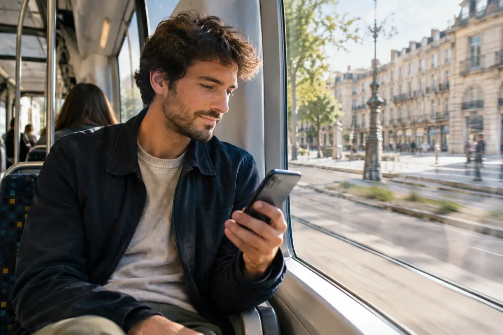 Un homme suit son compte sur un téléphone flou pendant un trajet en tramway.
