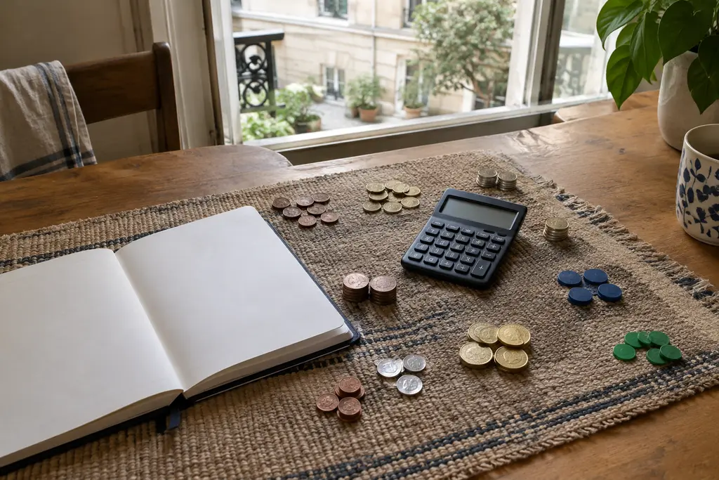 Un carnet vierge, une calculatrice éteinte et des jetons sont organisés sur un tapis.
