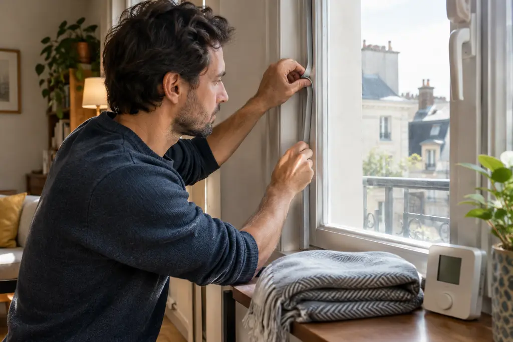 Un homme pose un joint isolant sur une fenêtre dans une pièce lumineuse.