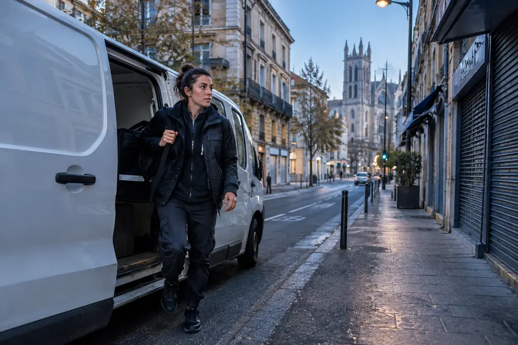 Une livreuse indépendante commence sa tournée dans une rue calme au petit matin.