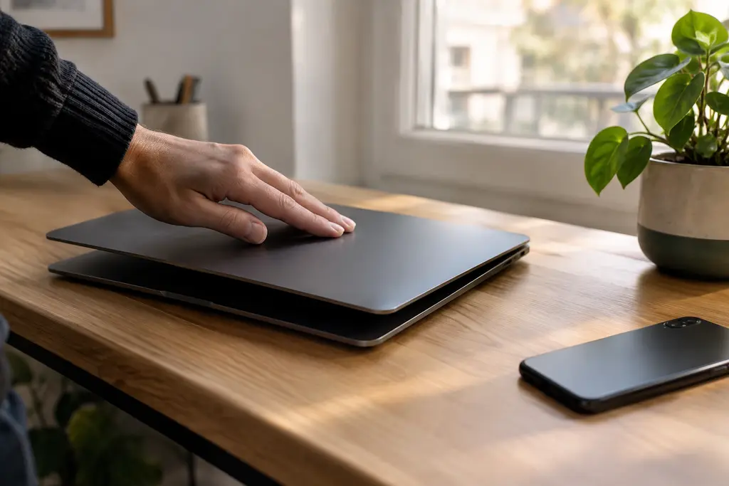 Une main referme un ordinateur portable près d’un téléphone retourné et d’une plante.