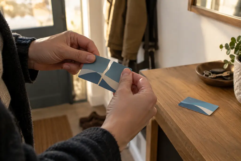 Une main coupe une carte générique sur une console, une autre carte restant à côté.