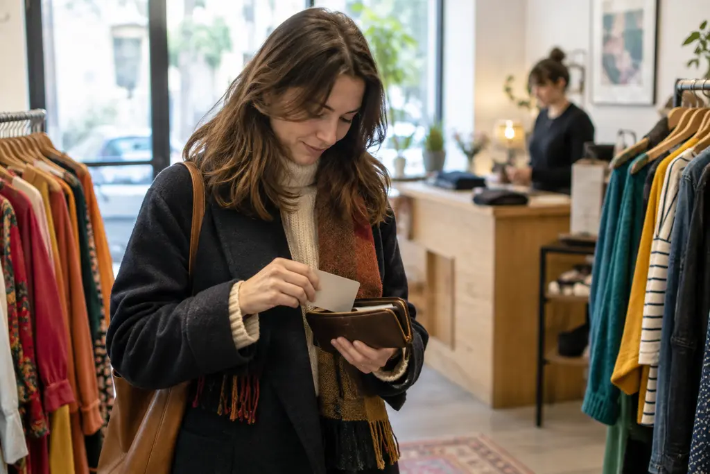 Une cliente range une carte neutre dans son portefeuille au milieu d’un magasin de vêtements.