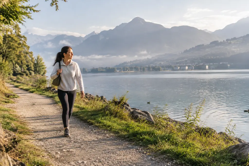 Une femme avance sur un sentier au bord d’un lac de montagne dans la brume.