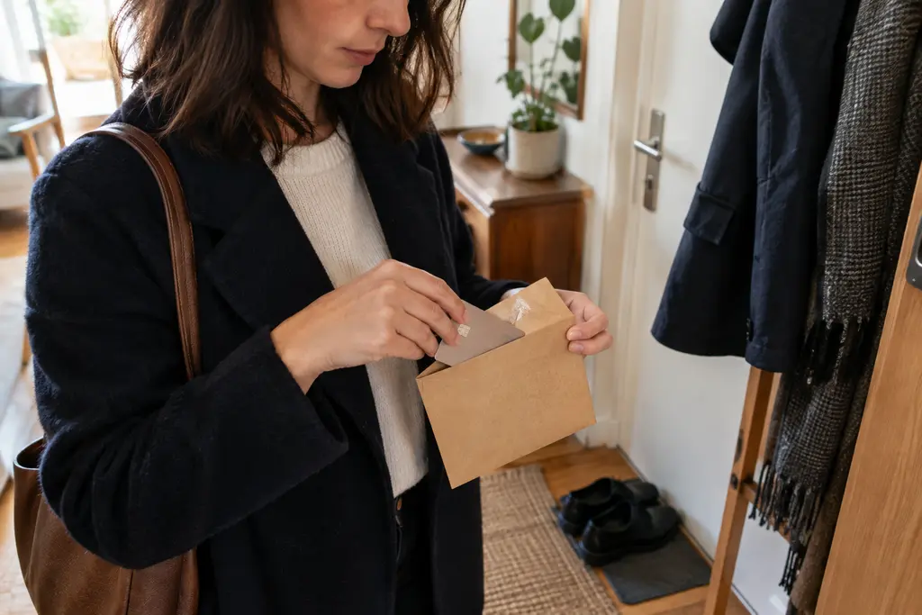 Une femme ferme une enveloppe kraft après y avoir glissé une carte neutre.