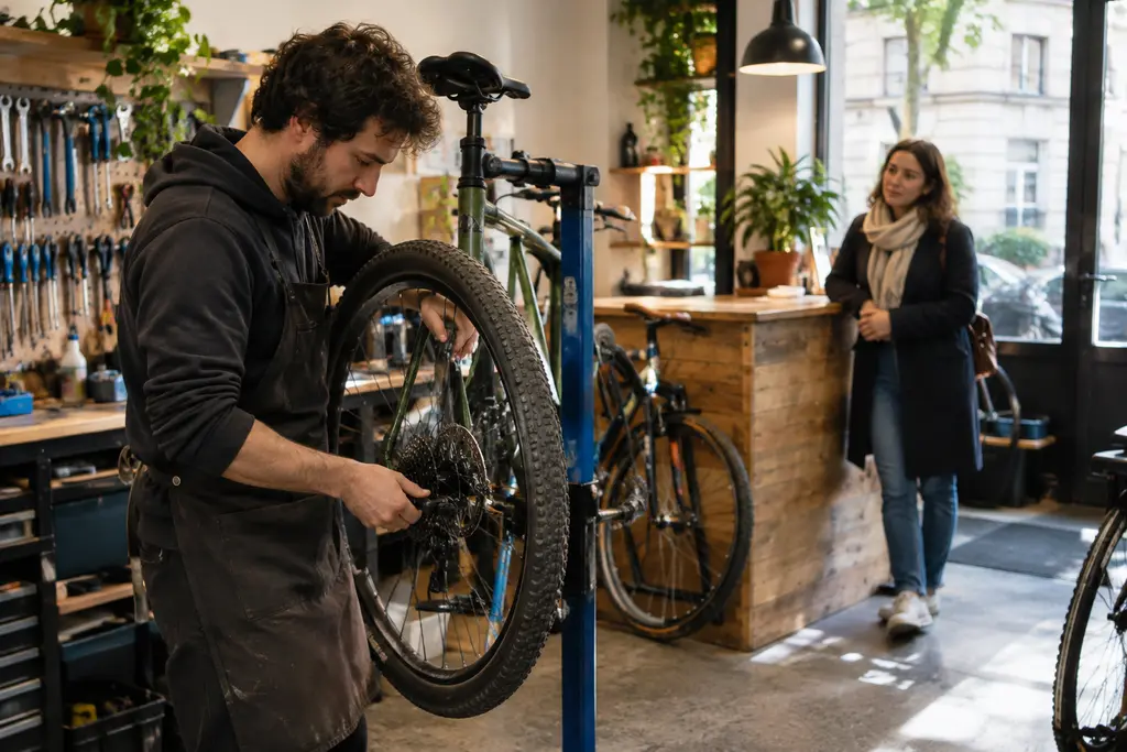 Un mécanicien répare un vélo dans un atelier de quartier, une cliente attend à proximité.