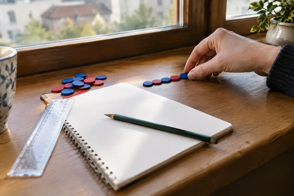 Une main aligne des jetons près d’un carnet vierge et d’un crayon posé sur la fenêtre.
