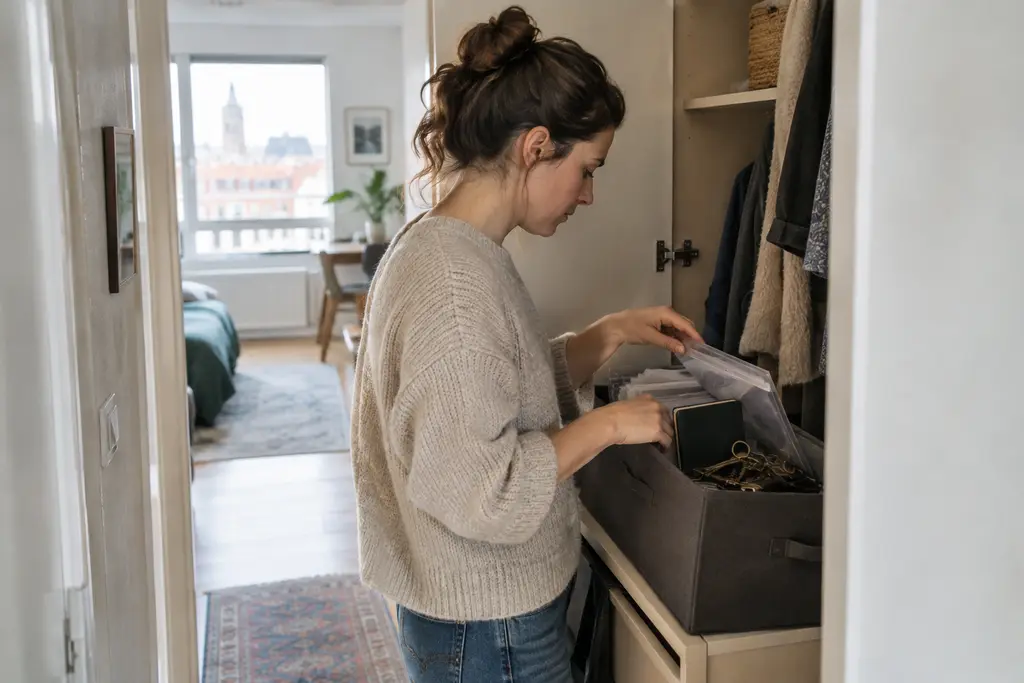 Une femme cherche dans une boîte de rangement ouverte, au fond d’une armoire domestique.