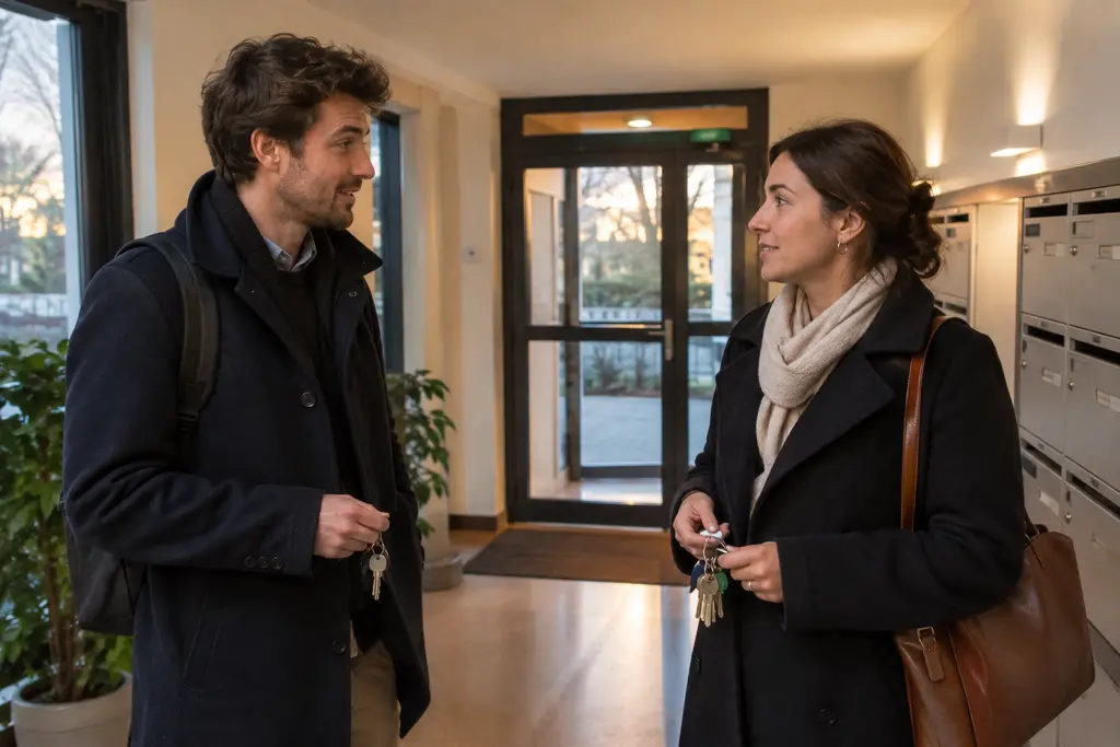 Deux partenaires discutent dans le hall de leur immeuble, chacun tenant ses clés.