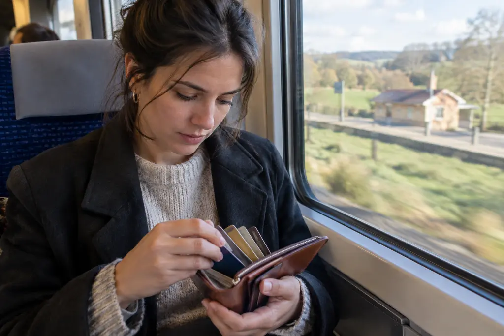 Une voyageuse examine des cartes anonymes dans son portefeuille à bord d’un train régional.