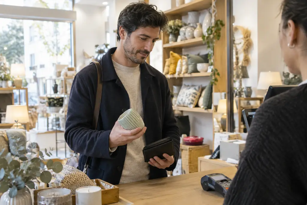 Un homme hésite devant un achat domestique, portefeuille fermé à la main.