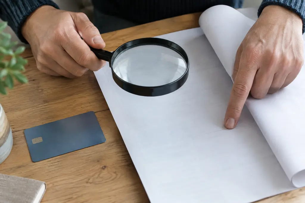 Une loupe et une carte neutre accompagnent la lecture d’une feuille retournée et illisible.