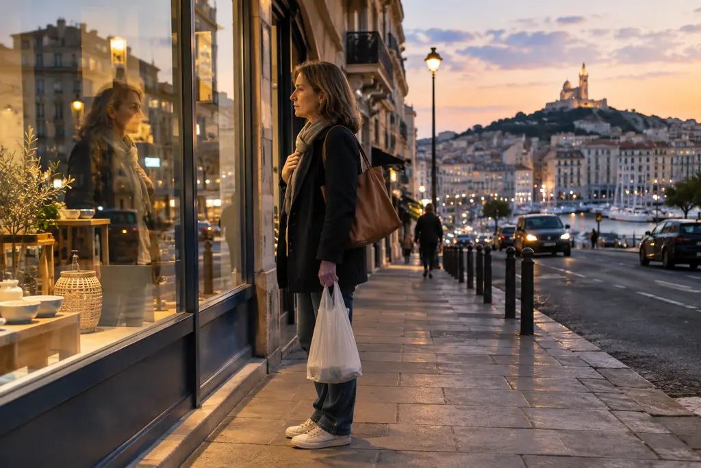 Une femme réfléchit devant une vitrine au crépuscule, un sac de courses à la main.