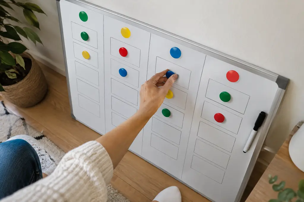 Une main déplace un magnet sur un tableau blanc composé de cases vierges.