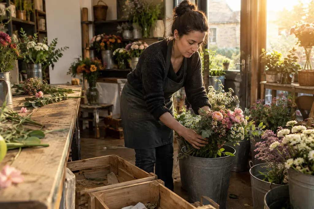 Une fleuriste range des bouquets dans son atelier après une journée de travail.