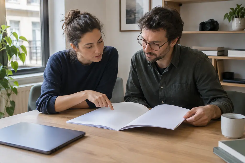 Deux rédacteurs vérifient une maquette retournée dans une petite salle de réunion.