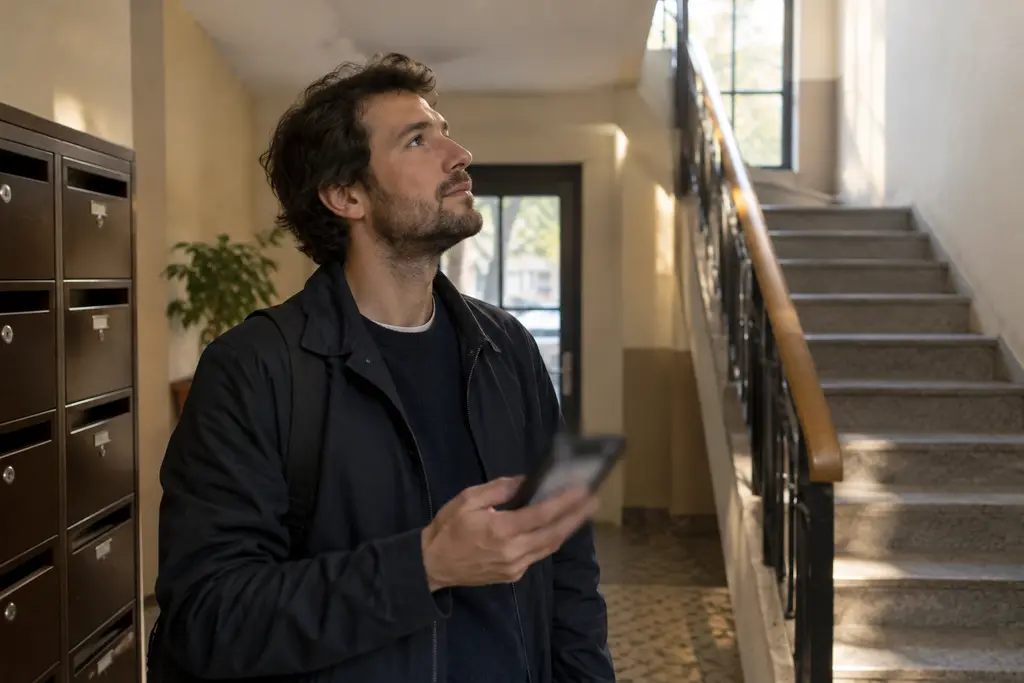 Un homme écoute son téléphone dans une cage d’escalier lumineuse, pensif mais calme.