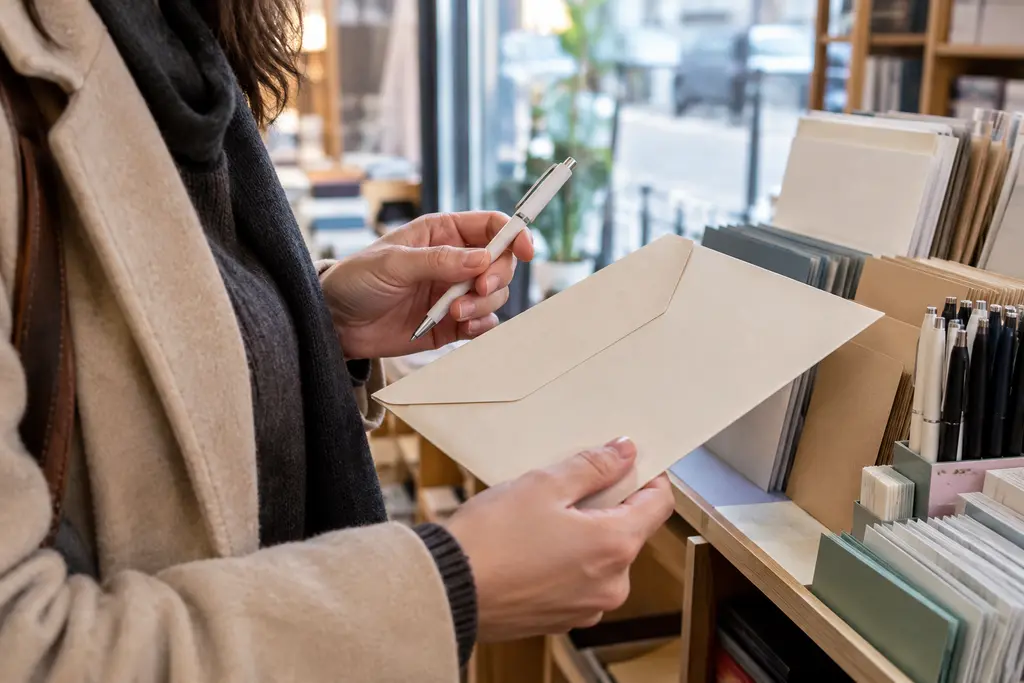 Une femme choisit une enveloppe et un stylo dans une papeterie de quartier.