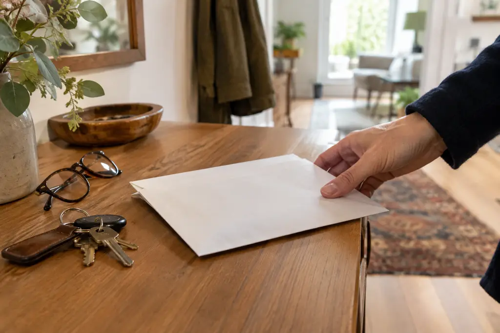 Une main pose une enveloppe retournée près de lunettes et de clés sur un meuble.