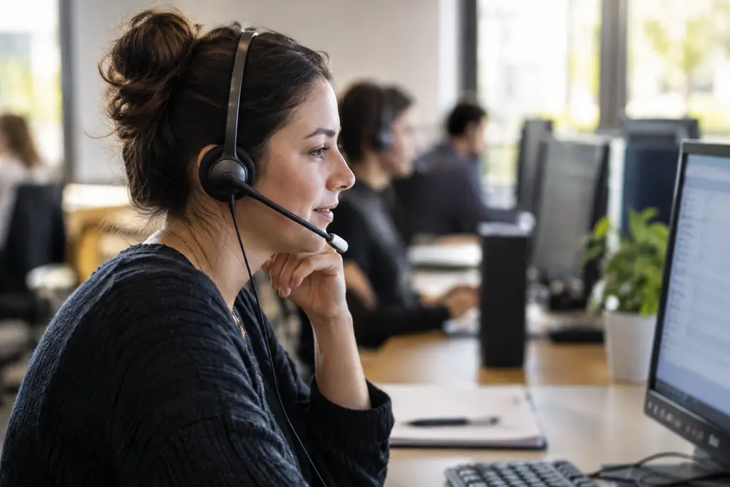 Une femme au casque échange au téléphone dans un espace de travail neutre.