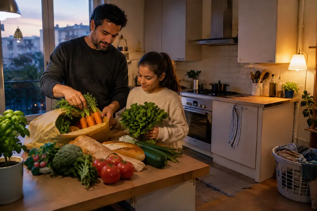 Un père et sa fille préparent le dîner dans une cuisine familiale éclairée.