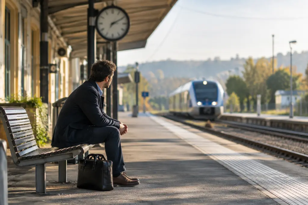 Un homme attend seul sur un banc de gare, un train approchant au loin.