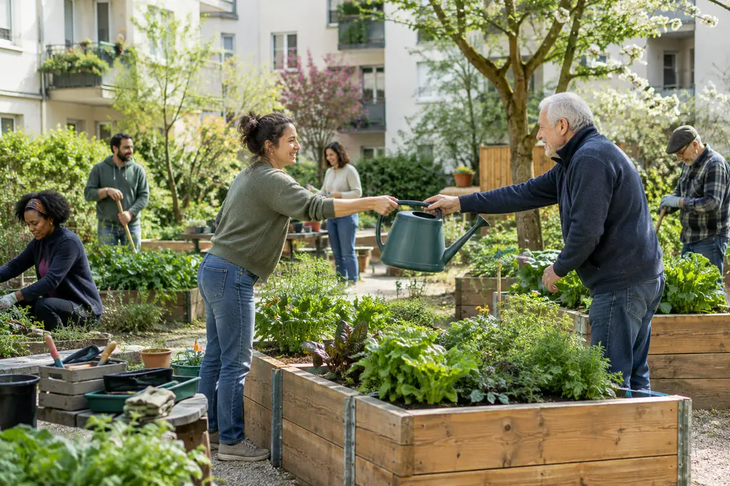 Des voisins échangent des outils dans un jardin partagé au cœur d’un immeuble.