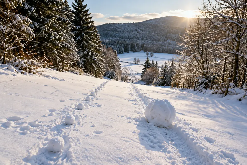 Deux trajectoires de boules de neige descendent une pente douce dans une clairière vosgienne.