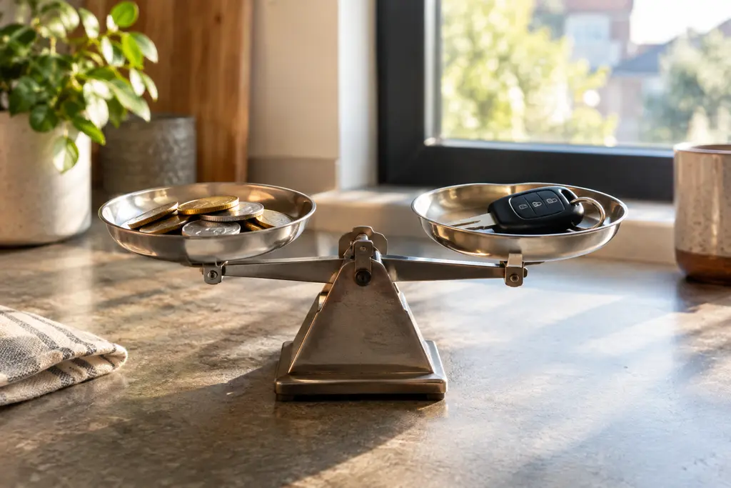 Une balance de cuisine compare des jetons et une clé de voiture neutre.