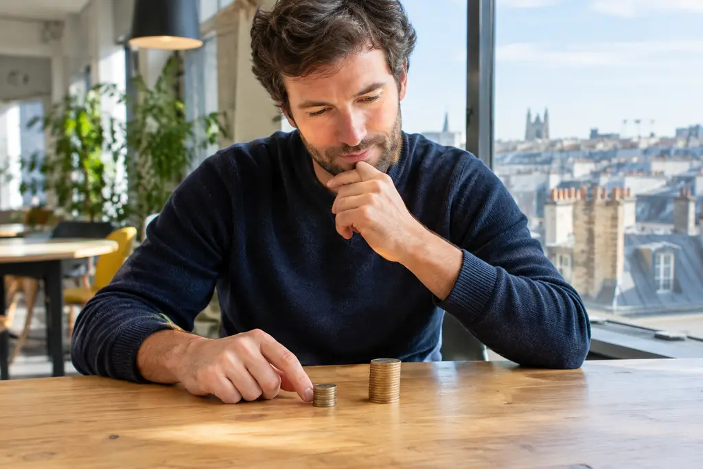 Un homme compare deux groupes de jetons dans un espace de coworking lumineux.