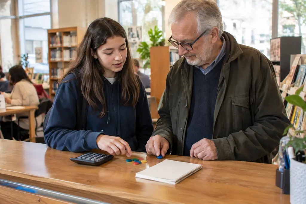 Une adolescente et un retraité manipulent des jetons près d’un carnet vierge à la bibliothèque.