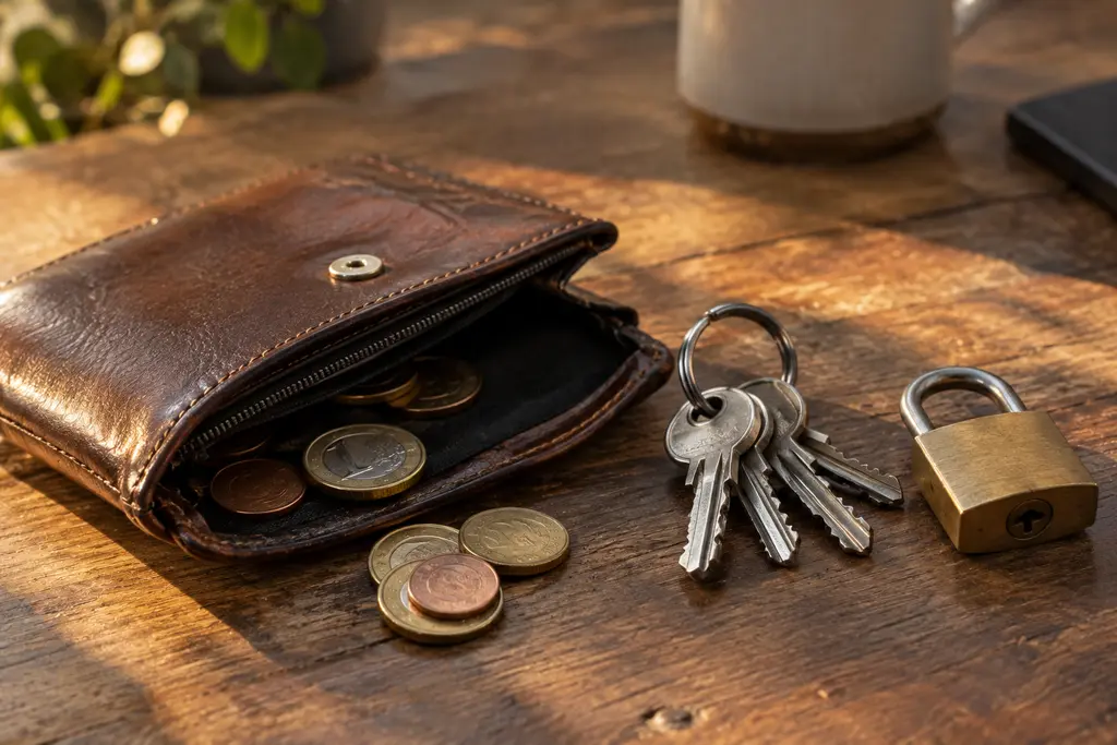 Un porte-monnaie, quelques pièces, des clés et un cadenas reposent sur une table en bois.