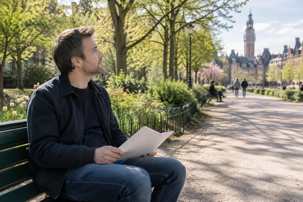 Un homme tient une brochure retournée sur un banc, dans un jardin public lumineux.