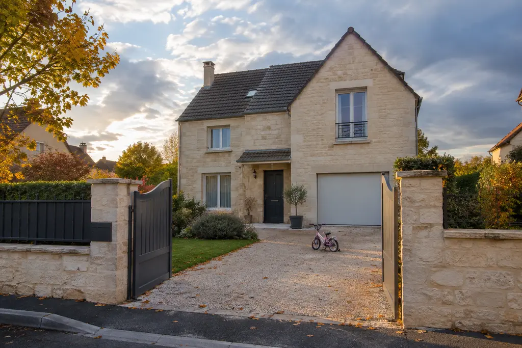 Une maison familiale apparaît derrière un portail ouvert, un vélo d’enfant dans l’allée.