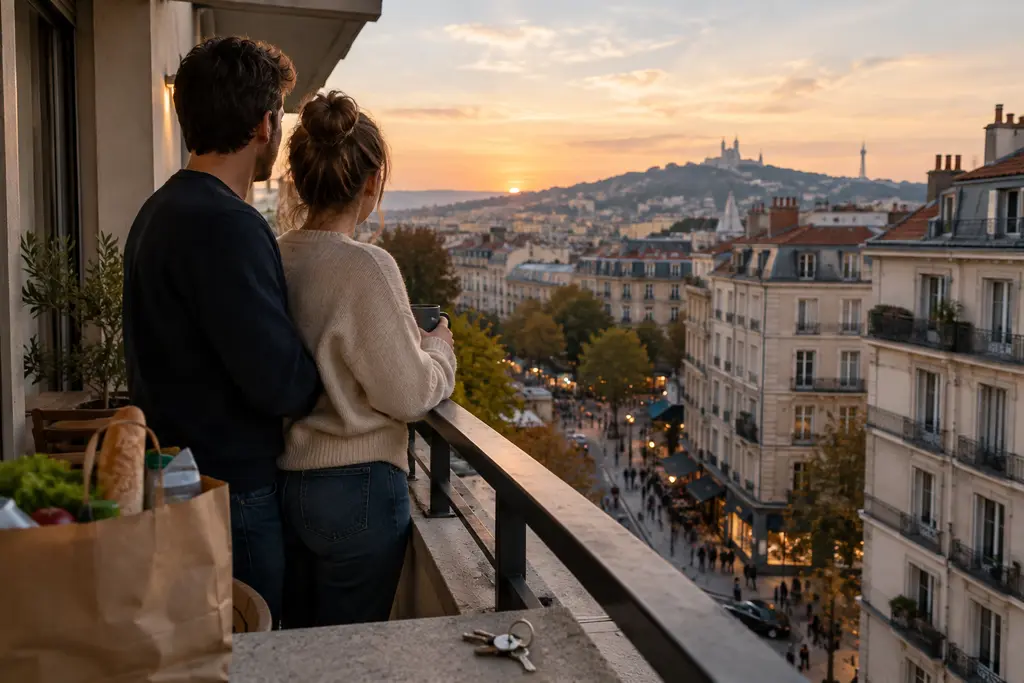 Un couple regarde la ville depuis son balcon, une clé de logement au premier plan.