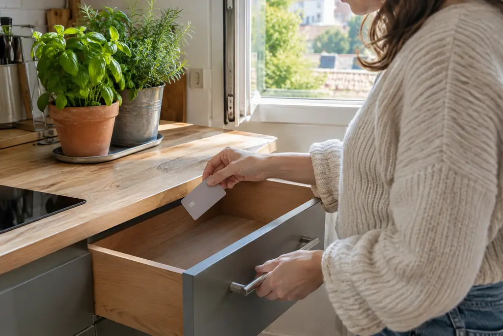 Une femme range une carte neutre dans un tiroir de cuisine près de plantes aromatiques.